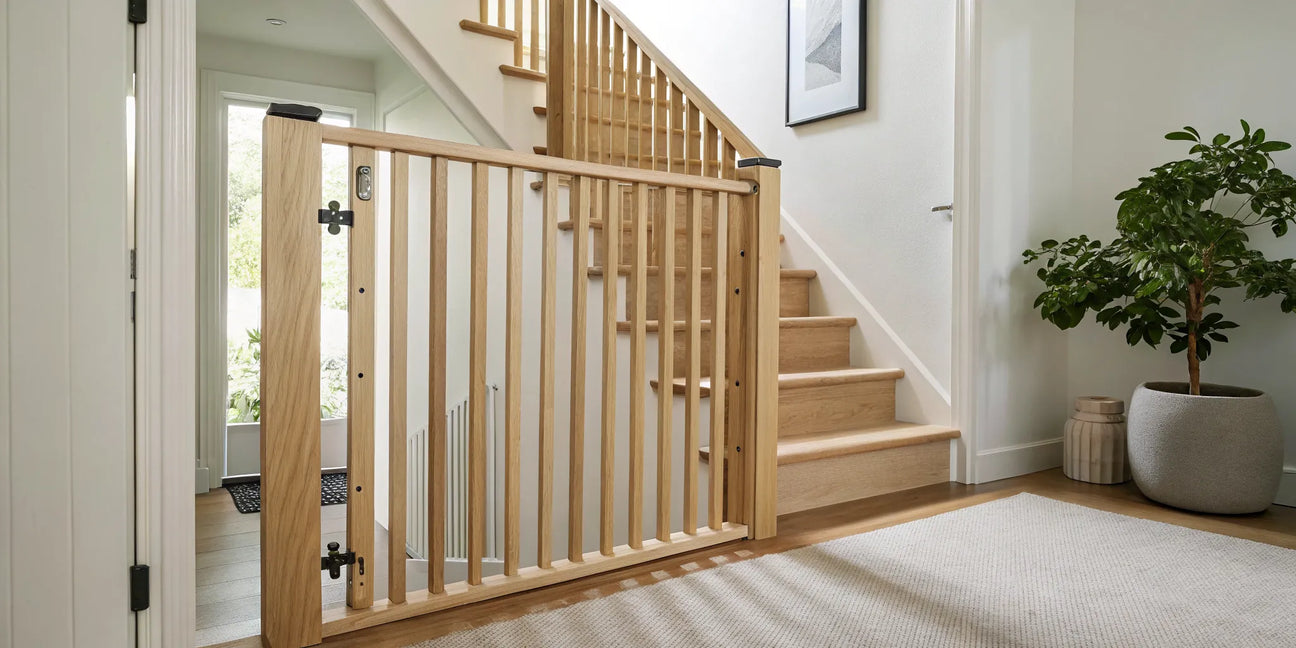 Stylish wood baby gate that blends with decor at the bottom of a modern staircase.