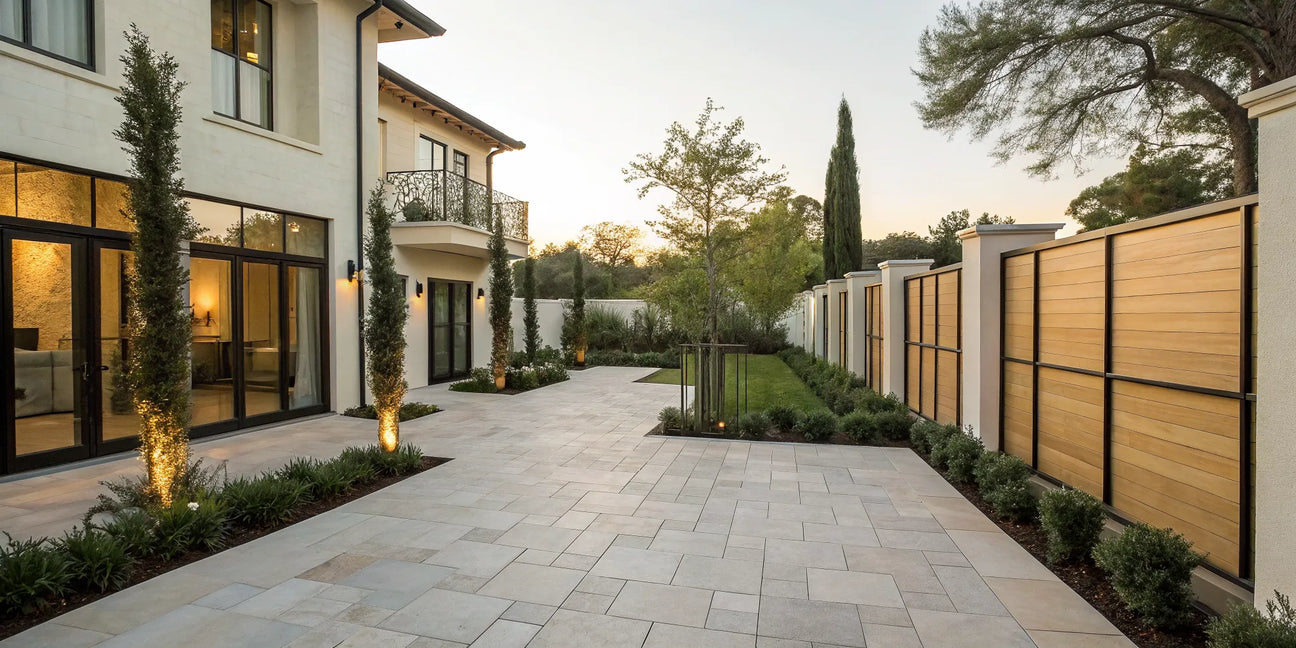 Stylish outdoor pet barrier installed on an elegant home patio.