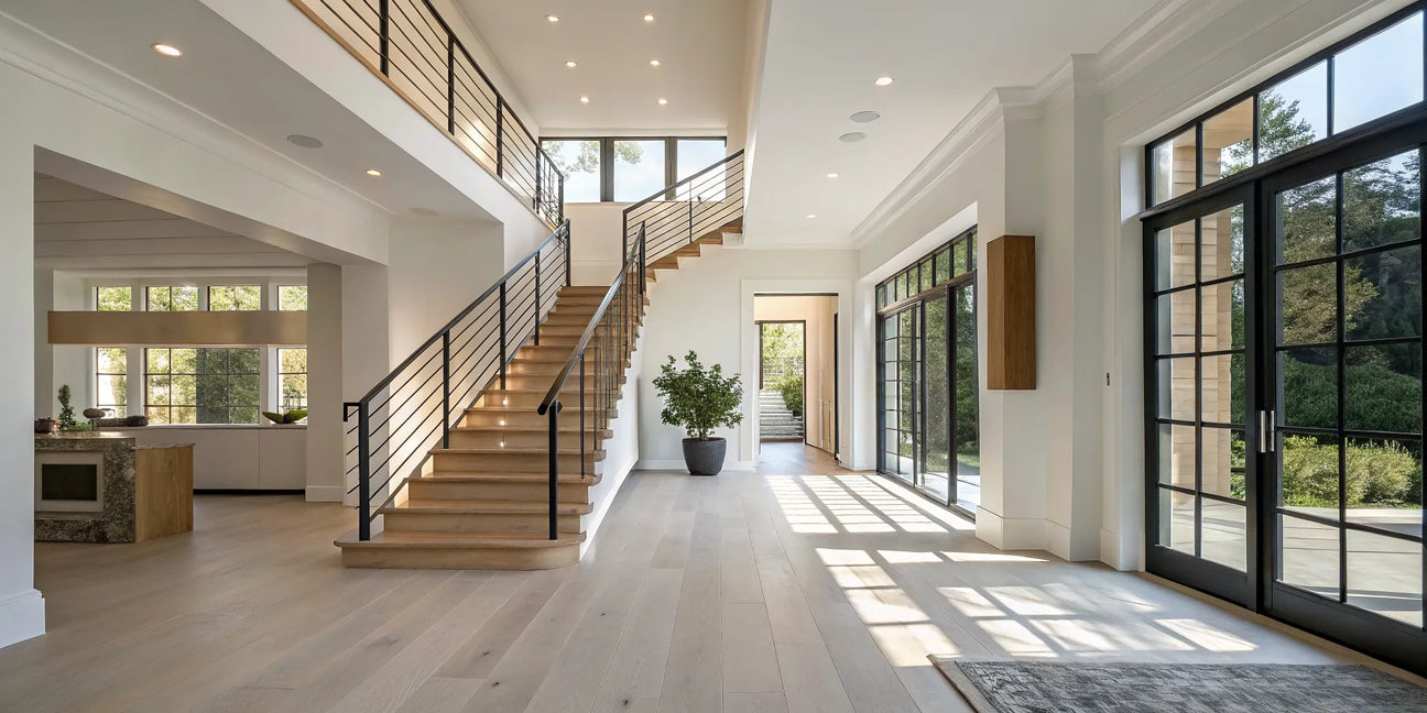 A stylish home with a modern staircase, an ideal setting for the best retractable stair gate.