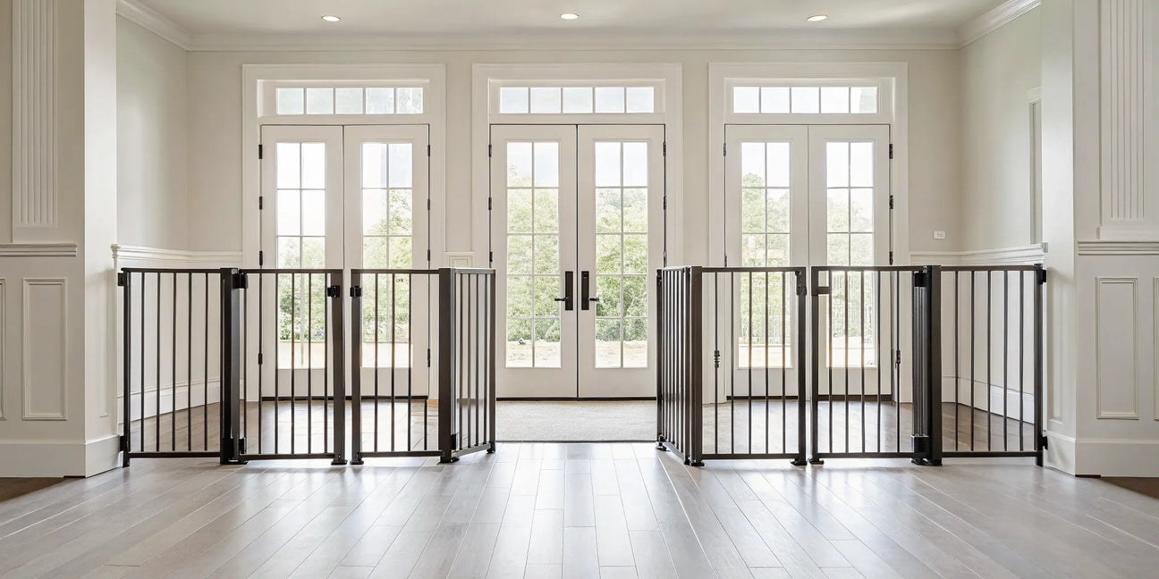 A modern 6 foot wide pet gate in a home entryway with hardwood floors.