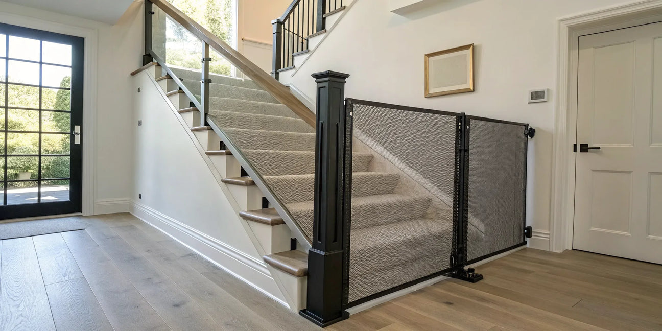 Best retractable stair gate for style and safety installed at the bottom of carpeted stairs.