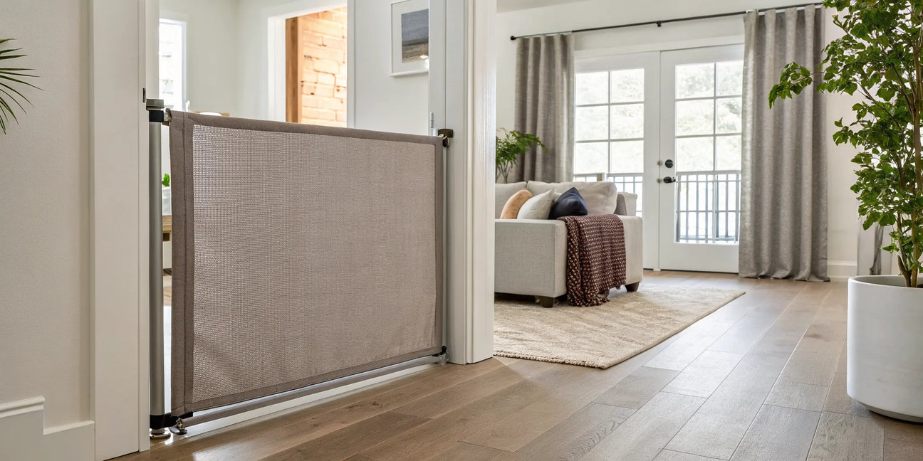A modern, stain-resistant fabric baby gate installed in a living room doorway.