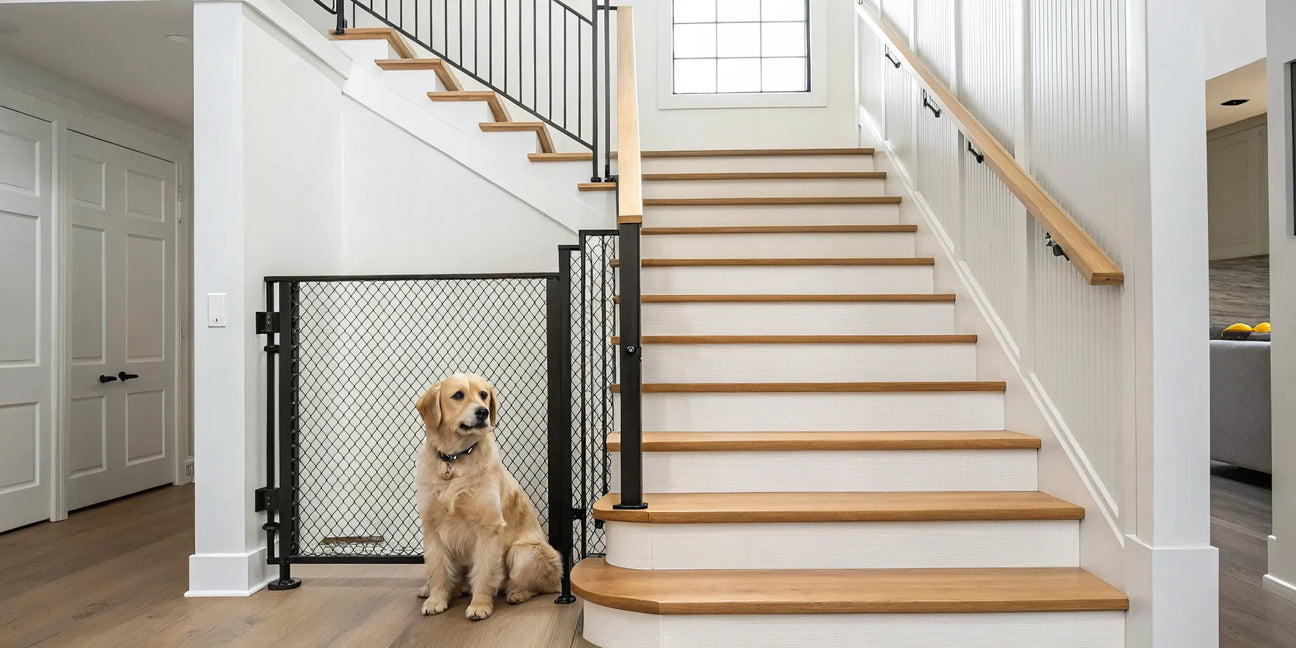 A stylish retractable dog gate keeping a golden retriever safe at the bottom of the stairs.