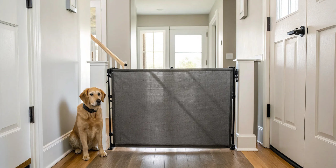 A golden retriever sits by a durable fabric dog gate installed in a hallway.