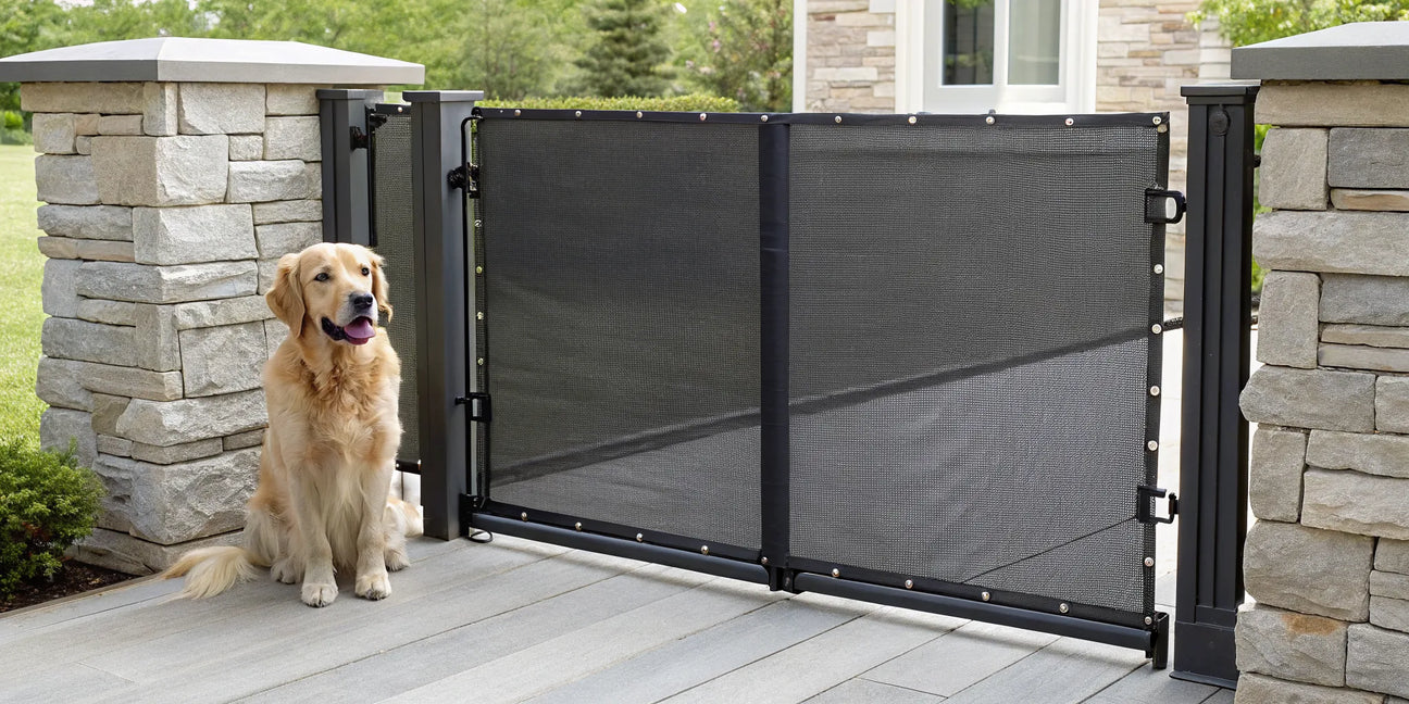 Fabric dog gate for outdoor use between stone pillars with a golden retriever.