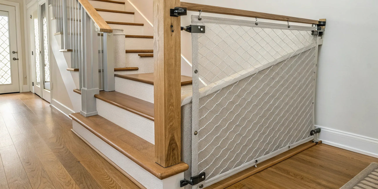 A retractable safety gate installed with hardware at the top of a staircase.