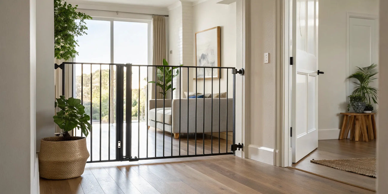 Modern black baby gate installed in a stylish living room doorway.