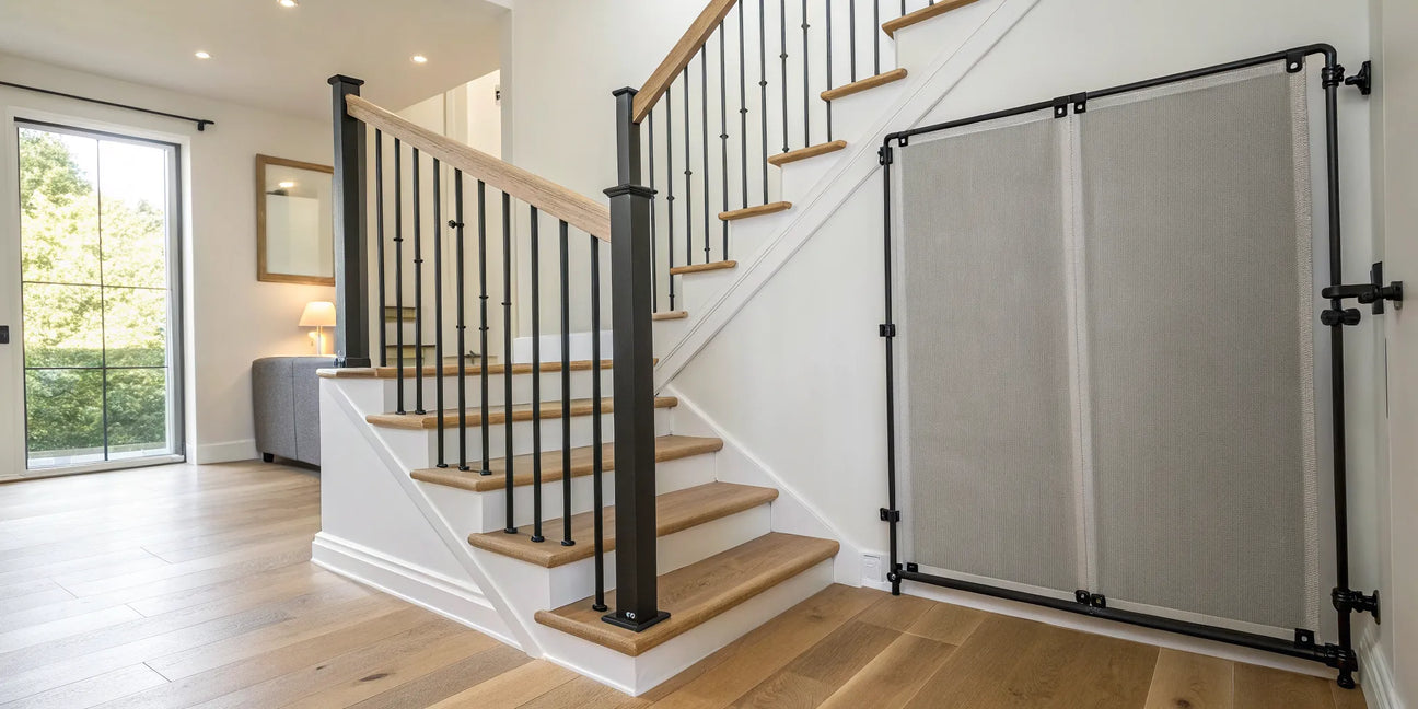 Hardware-mounted retractable fabric baby gate on stairs, ensuring child safety in a stylish home.