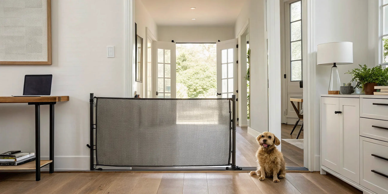 A designer retractable pet gate installed in a modern home, a stylish option you can buy online for your pet.