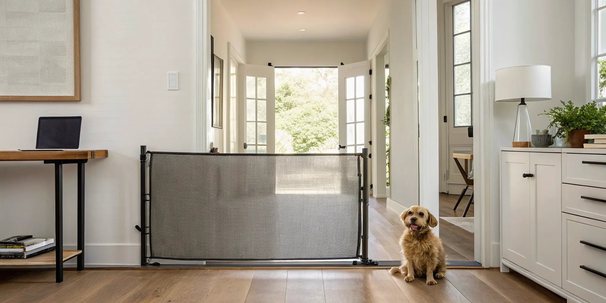 A designer retractable pet gate installed in a modern home, a stylish option you can buy online for your pet.