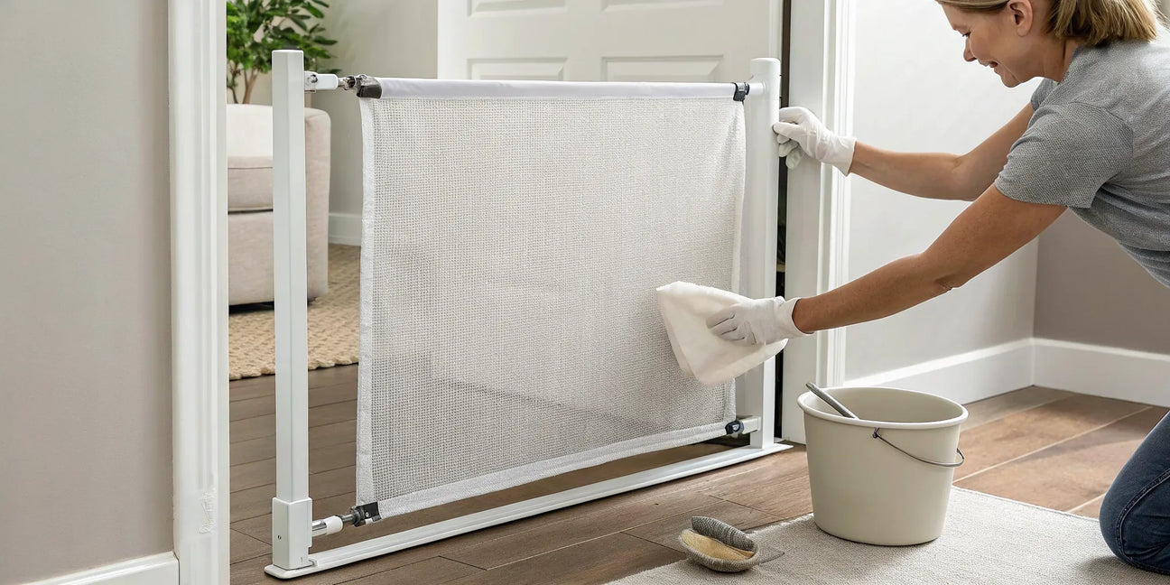 A person cleaning a fabric baby gate by hand with a cloth and a gentle, non-toxic cleaner.