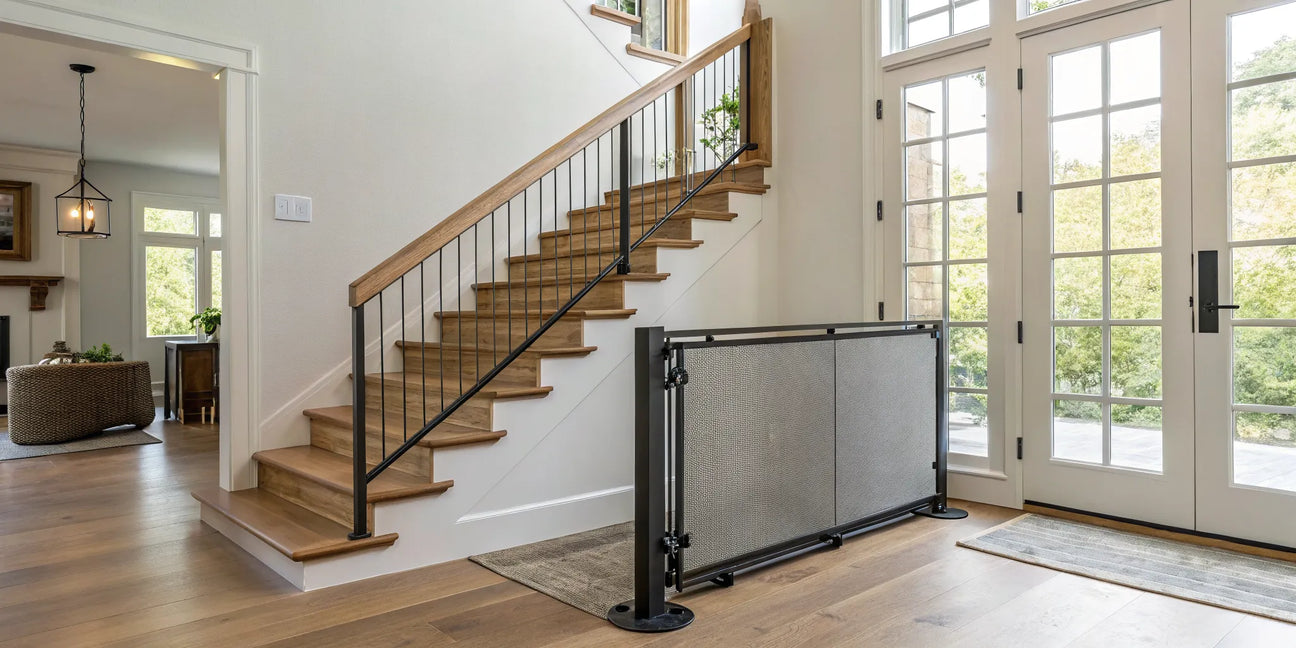 Best retractable gate for stairs installed at the bottom of a wooden staircase.