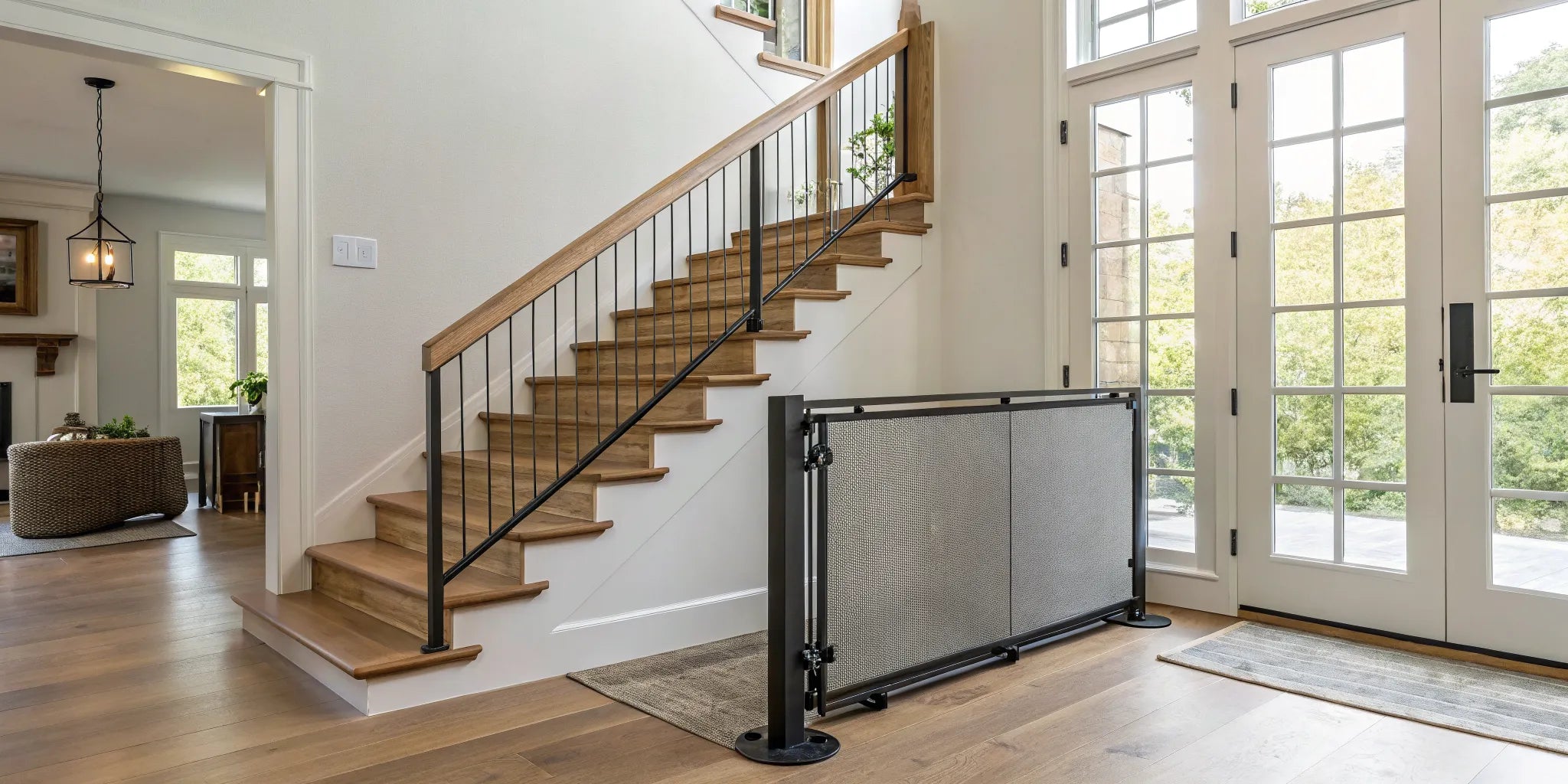 Best retractable gate for stairs installed at the bottom of a wooden staircase.