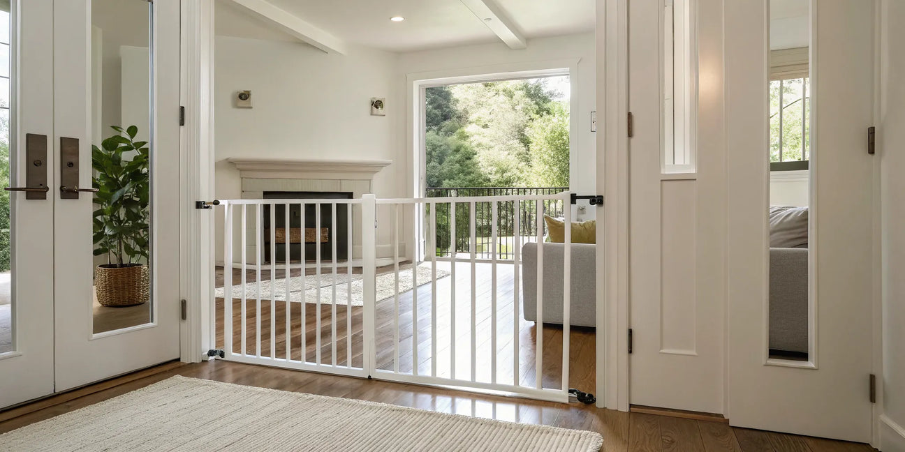 Custom fit baby gate with premium stain proof fabric installed in a wide home doorway.