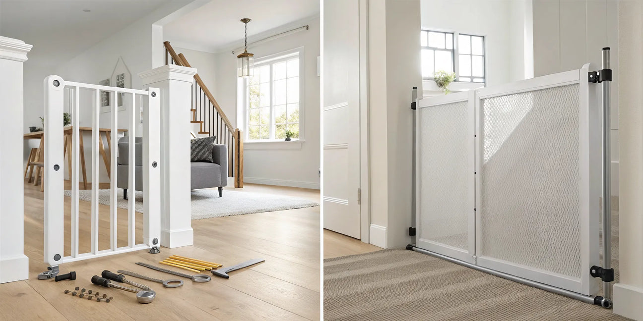 A retractable baby gate being installed in a home entryway with mounting hardware.
