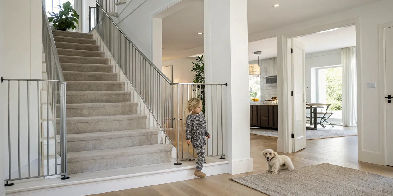 A metal baby gate provides safety for a child and dog at the bottom of stairs in a modern home.