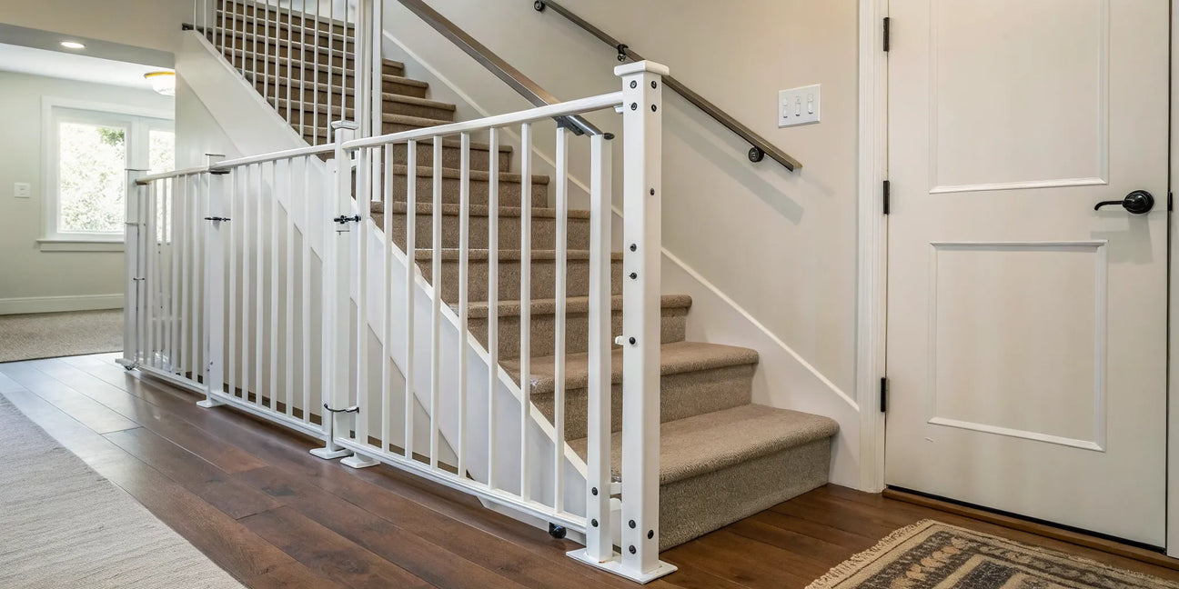 Adjustable stair gate for child safety, installed at the bottom of a staircase.
