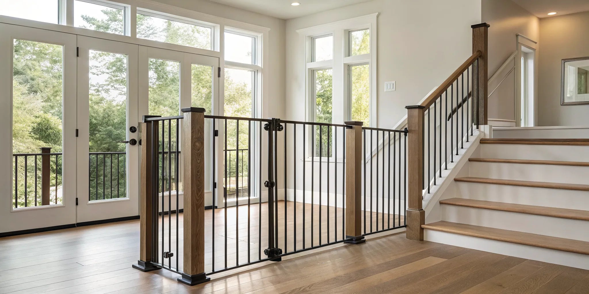 A stylish wood and metal baby gate blending into a modern home's decor.
