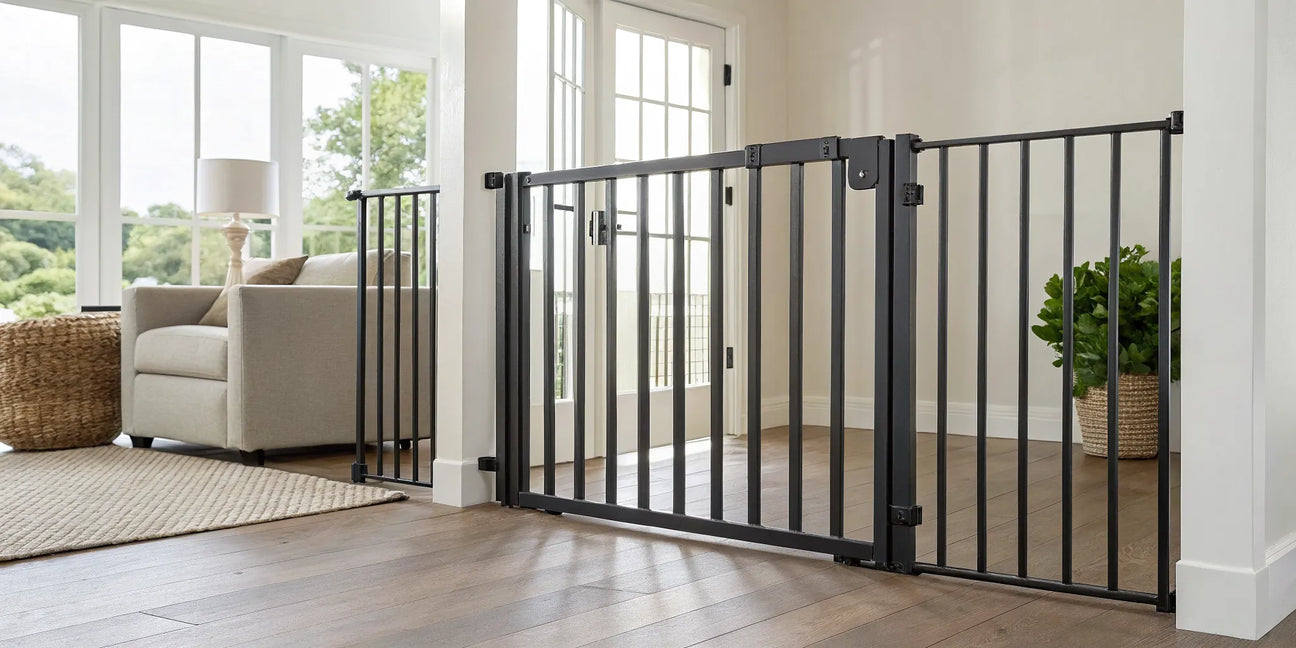 Stylish 36-inch metal pet gate with a secure walk-through door.