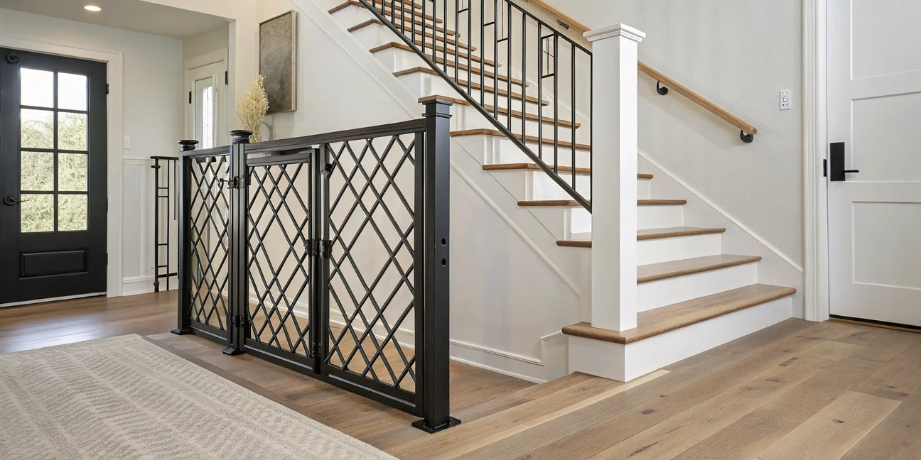 A decorative dog gate for stairs with a stylish black metal design in a modern home.