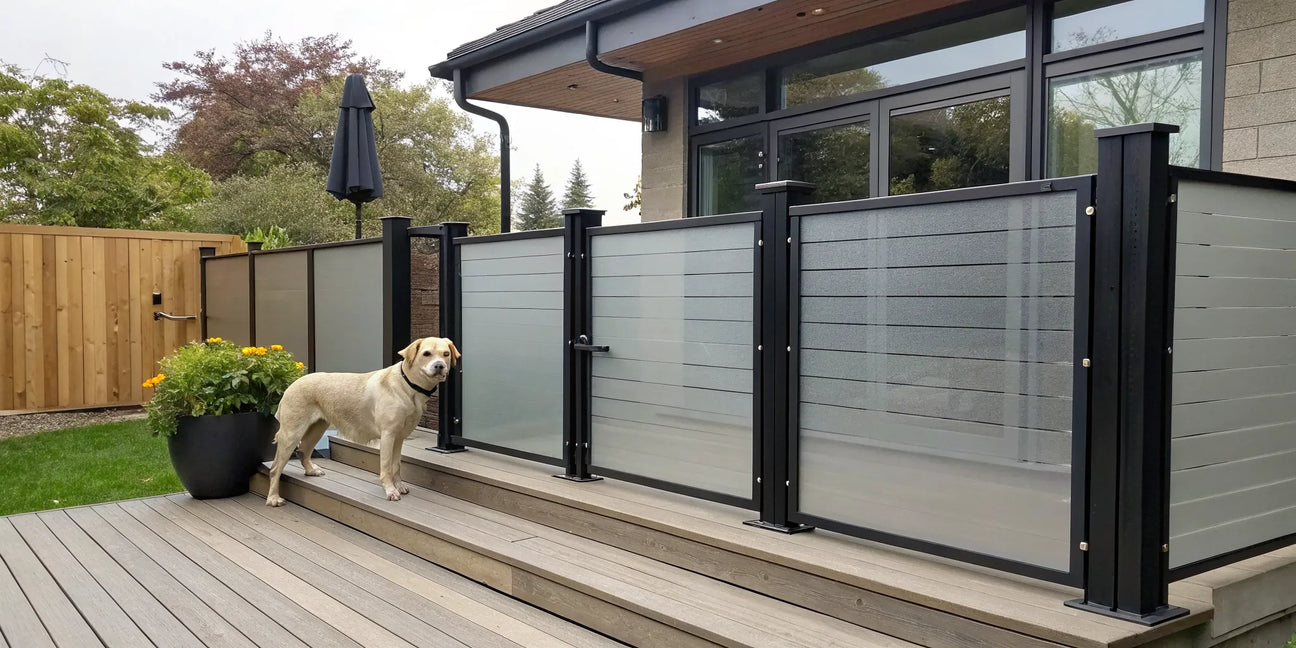 A modern, high end deck gate for dogs combining style with reliable safety features.