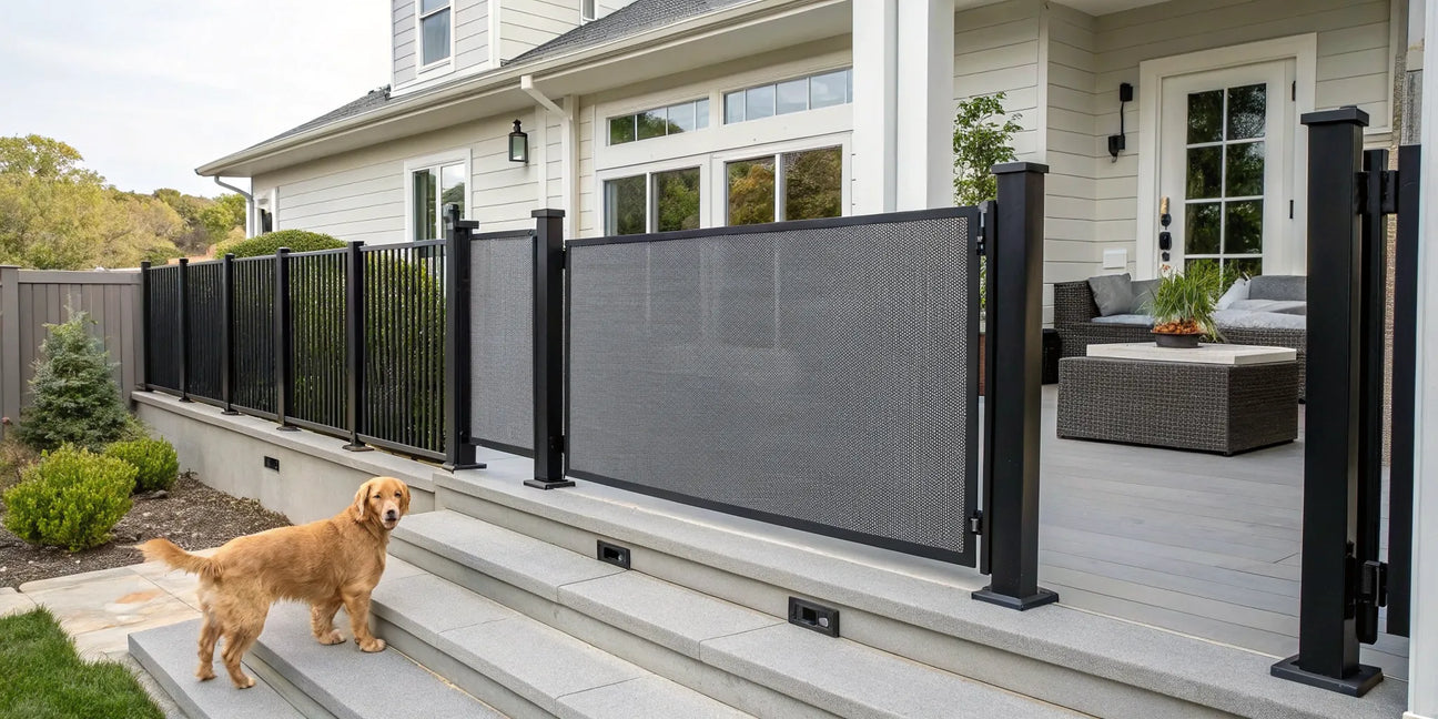 Outdoor retractable dog gate on patio steps with a golden retriever in a modern backyard.