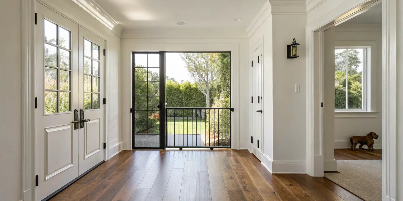 Heavy duty retractable pet gate installed in a home entryway with wood floors.