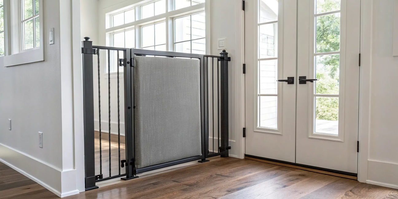 A safe and stylish Crypton fabric pet gate with a metal frame in a modern entryway.