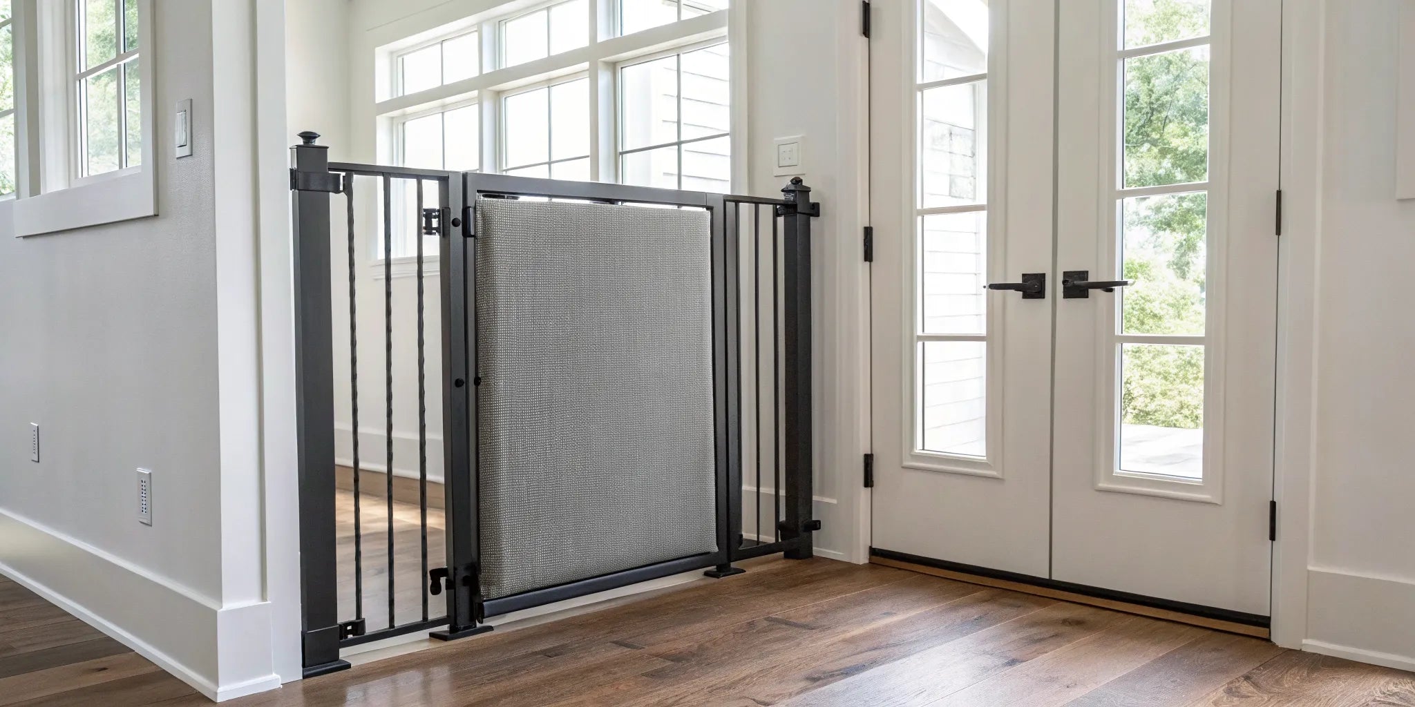 A safe and stylish Crypton fabric pet gate with a metal frame in a modern entryway.