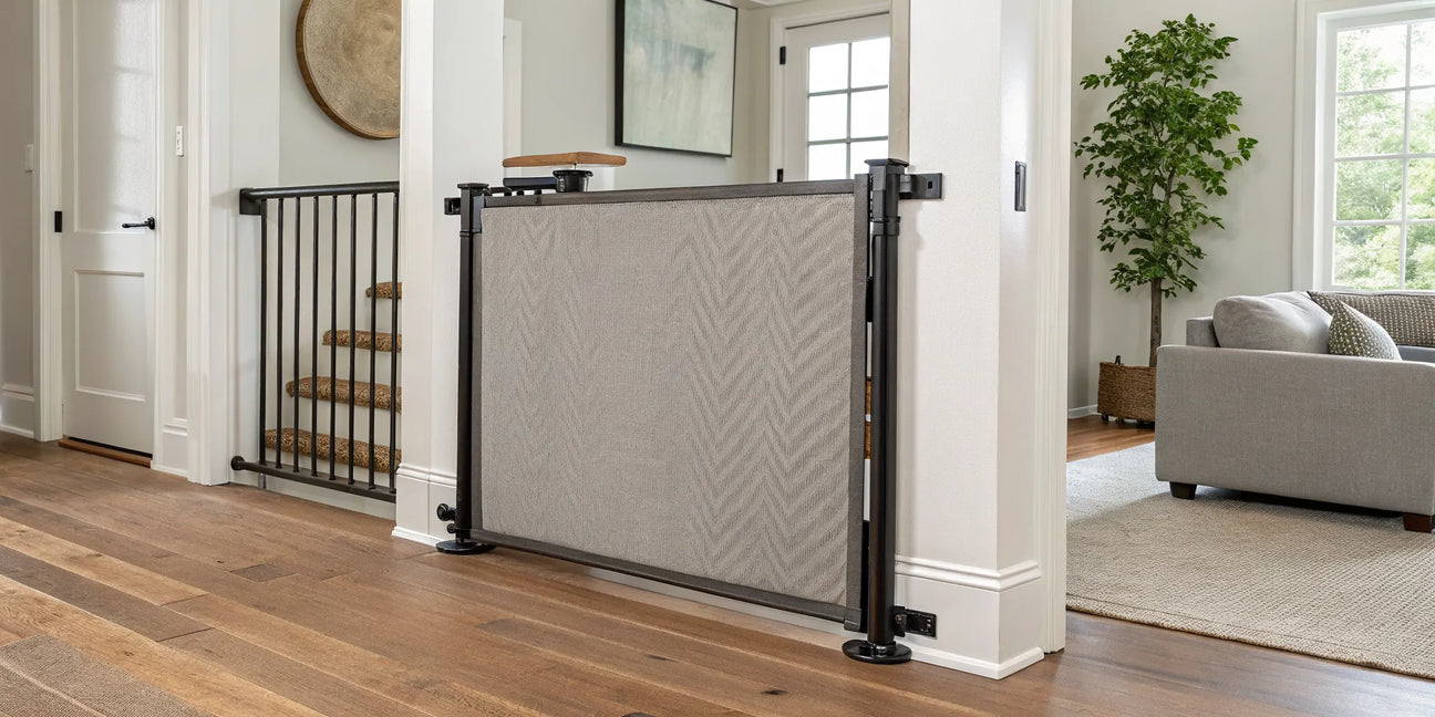 A stylish modern fabric baby gate creating a safe barrier in a contemporary home.