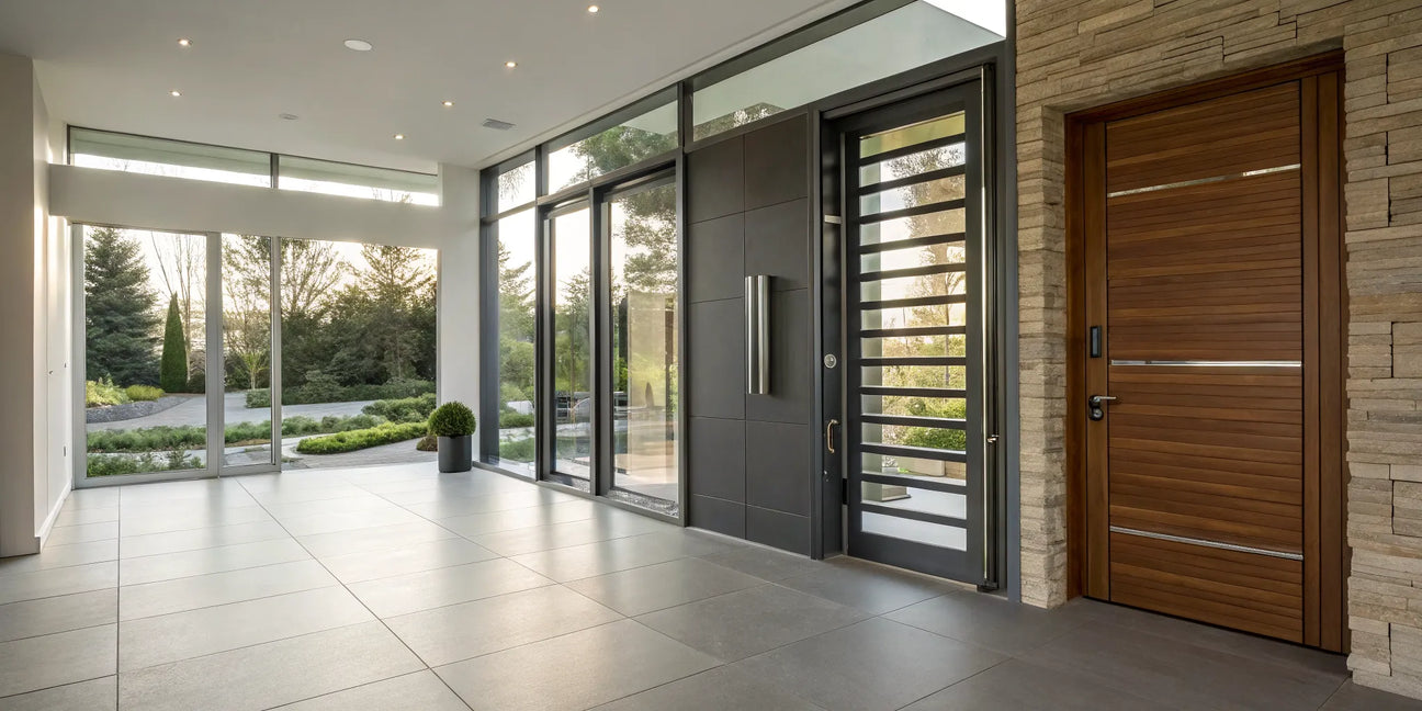 A stylish security walk-through gate in a modern entryway with large glass panels.