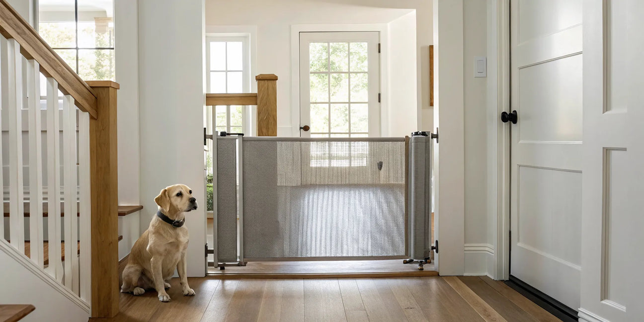 A minimalist retractable fabric pet gate keeping a dog safe in a modern home.